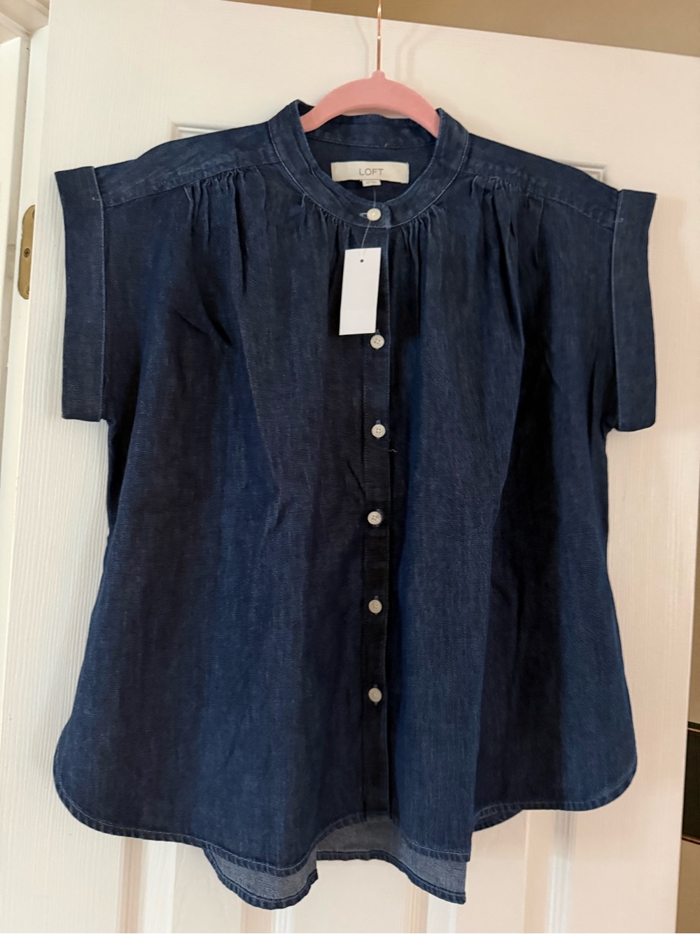 LOFT Navy Denim Button-Front Short Sleeve Blouse
